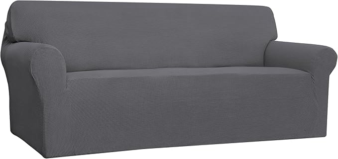 Easy-Going Stretch 4 Seater Sofa Slipcover 1-Piece Sofa Cover Furniture Protector Couch Soft with Elastic Bottom for Kids, Polyester Spandex Jacquard Fabric Small Checks Gray