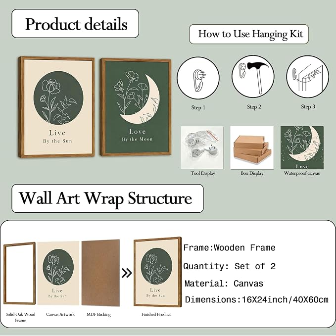 Framed Boho Sun and Moon Wall Art Set of 2, Sage Green Floral Line Pictures - Image 5