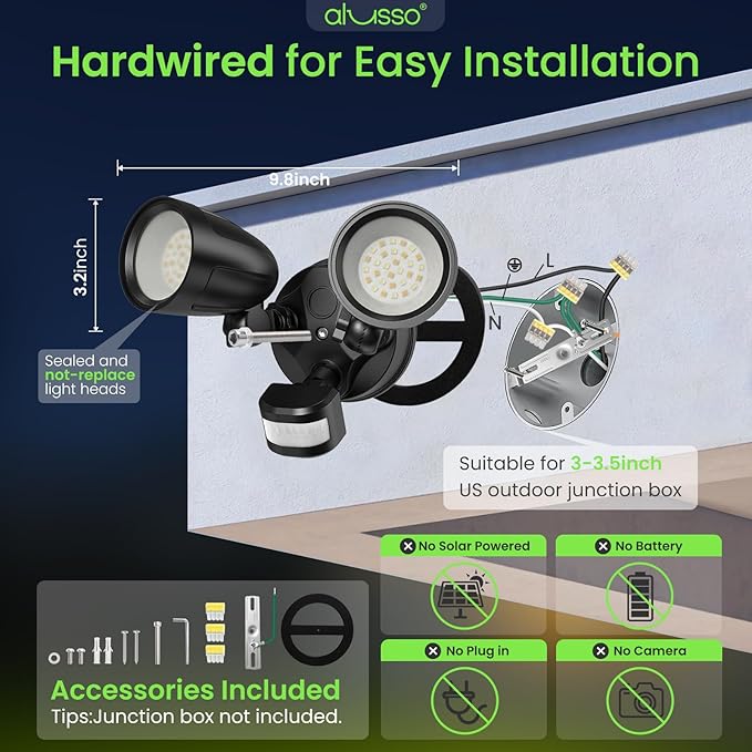 ALUSSO Motion Sensor Outdoor Lights Metal Heads, 30W Flood Lights Outdoor 3600LM, 3 Modes Dusk to Dawn/Auto/On Time, 3000K 4000K 6500K Adjustable, Hardwired Security Light ETL Listed, Black 1PC