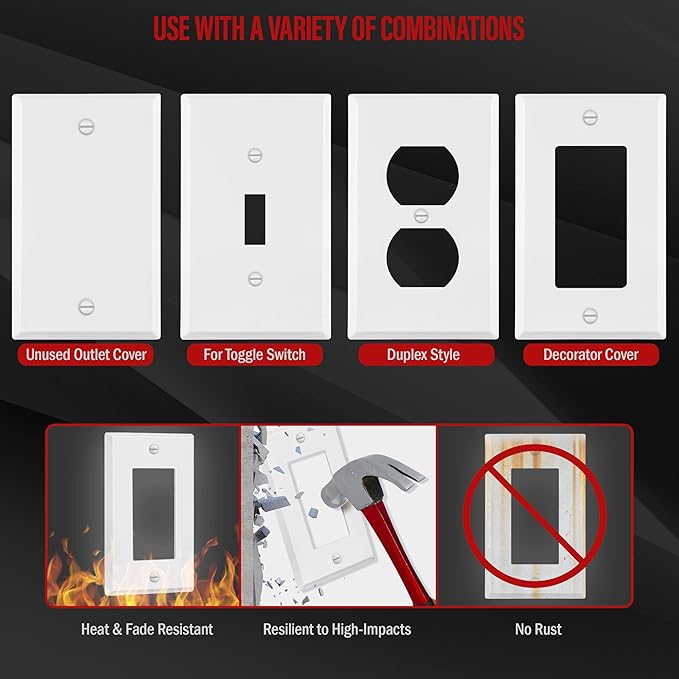 ENERLITES Decorator Switch Metal Wall Plate, Outlet Cover, Corrosion Resistant, Standard Size 1-Gang 4.50" x 2.76", Powder Coated Stamped Steel, 7731-WM, White Matte