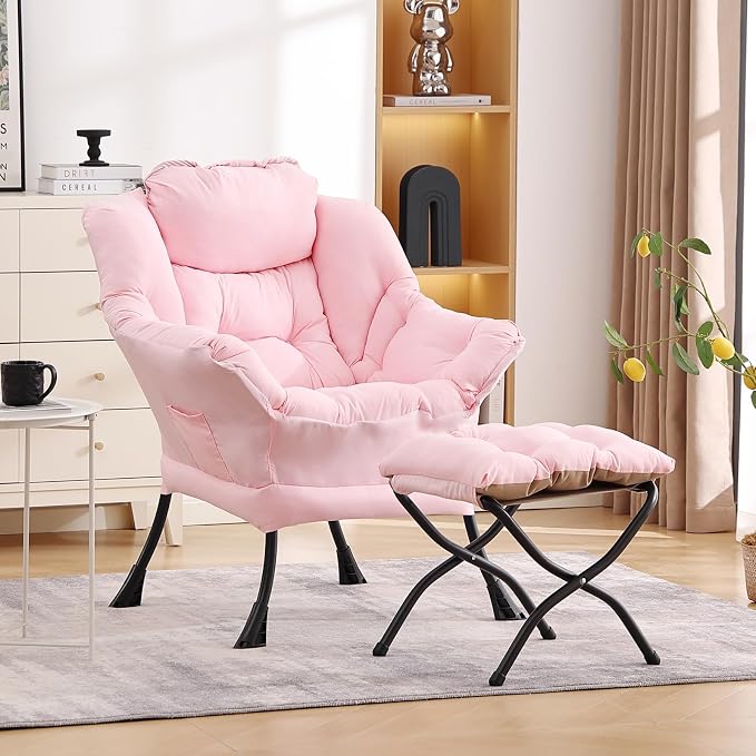 Lazy Chair with Ottoman, Comfy Accent Reading Chair, Removable Cover, with - Image 9