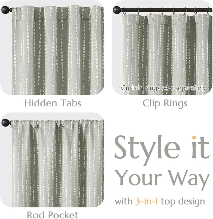 jinchan Boho Blackout Curtains 84 Inches Long Moon Phase Printed Drapes | Grey - Image 7
