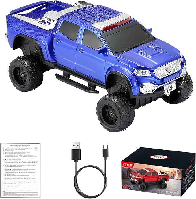 WSTER WS-X65 Pickup Truck Replica Bluetooth Speaker – HD Sound, FM Radio, TWS Stereo, LED Party Lights, USB/TF Playback, Built-in Mic – Cool Portable Car Design Speaker for Outdoors & Home (Blue)