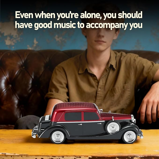 WSTER WS-1934 Retro Classic Car Bluetooth Replica Speaker – Wireless HD Sound with FM Radio,TWS Stereo,LED Party Lights,Built-in Microphone Hands-Free Call, Surprise Portable Gift for Party Use(Red)