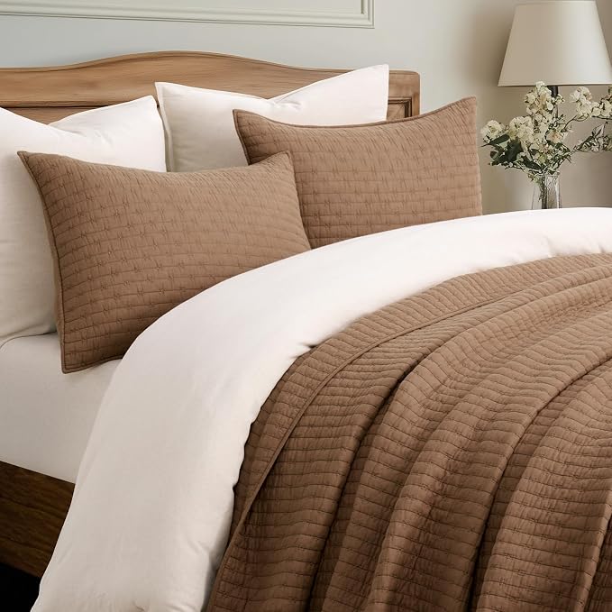 100% Cotton Cross Stitch 3-Piece Quilt Set, Camel Brown | 100% Cotton, Elegant - Image 2
