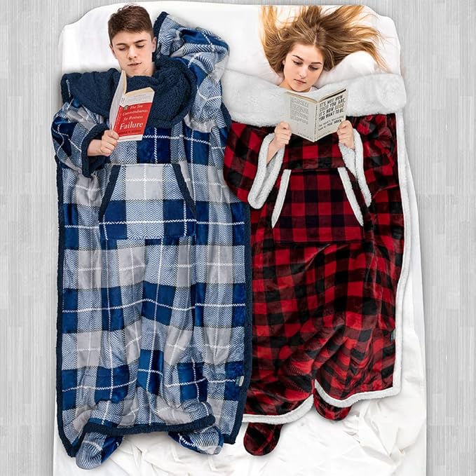 PAVILIA Sherpa Blanket with Sleeves, Foot Pocket for Women Men Adults, Thick Wearable Blanket Throw Wrap, Fleece Warm Snuggle Blanket Robe, Cozy Gift Ideas Wife Mom, Plaid Blue