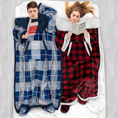 PAVILIA Sherpa Blanket with Sleeves, Foot Pocket for Women Men Adults, Thick Wearable Blanket Throw Wrap, Fleece Warm Snuggle Blanket Robe, Cozy Gift Ideas Wife Mom, Plaid Blue