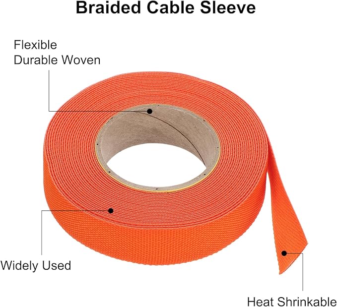 MECCANIXITY Braided Cable Sleeves Heat Shrinkable Fabric Sleeving, 5/8" 26ft Orange 2:1 Ratio Heat Shrinkable Cord Protector for Harness Cable, Network Cable Protection, Cable Management