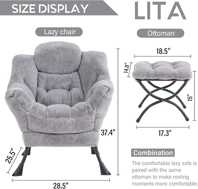 Lazy Chair with Ottoman, Comfy Accent Reading Chair, Plush Grey | Foldable - Image 3