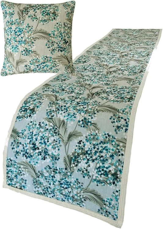 The HomeCentric King/Queen/Twin Blue Decorative Queen 74"x18" Bed Runner with Two Pillow Cover, Cotton & Pearl Embroidery Bed Scarf on Cotton Fabric - Blue Star Fauna