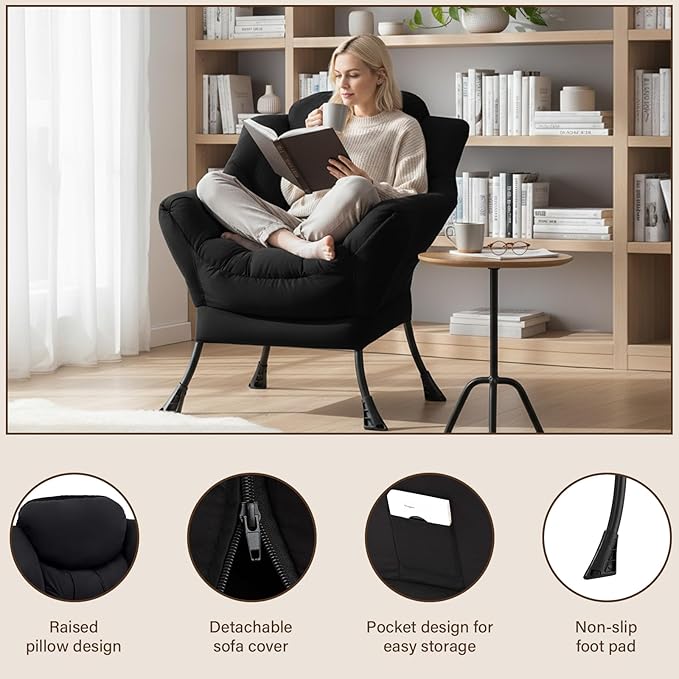 Welnow Black Single Lazy Chair for Adults，Modern Reading Accent Chair | A Side - Image 4