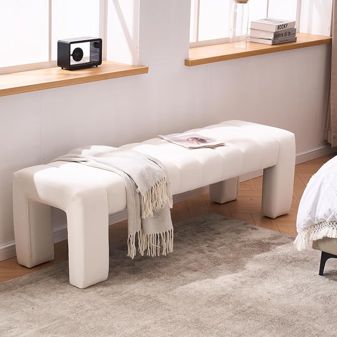 59" Velvet Bench for Bedroom King Size Bed Window End of Bed, Ivory White | - Image 5