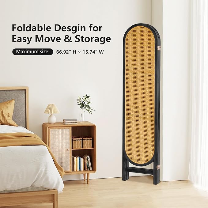 4 Panel Rattan Room Divider, Folding Room Divider Screen, Arched Room Separator - Image 6