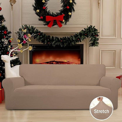 Easy-Going Stretch Oversized Sofa Slipcover 1-Piece Sofa Cover Furniture Protector Couch Soft with Elastic Bottom for Kids, Polyester Spandex Jacquard Fabric Small Checks Camel