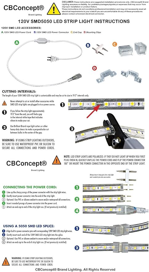 CBconcept UL Listed, 6.6 Feet, 720 Lumen, 6000K Pure White, Dimmable, 110-120V AC Flexible Flat LED Strip Rope Light, 120 Units 3528 SMD LEDs, Indoor Outdoor Use, Accessories Included, Ready to use
