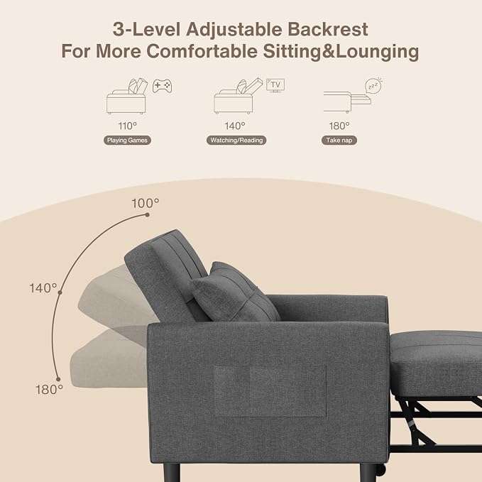 Aiho 3-in-1 Sleeper Chair Bed Convertible Sofa, Dark Gray | Convertible Chair - Image 6