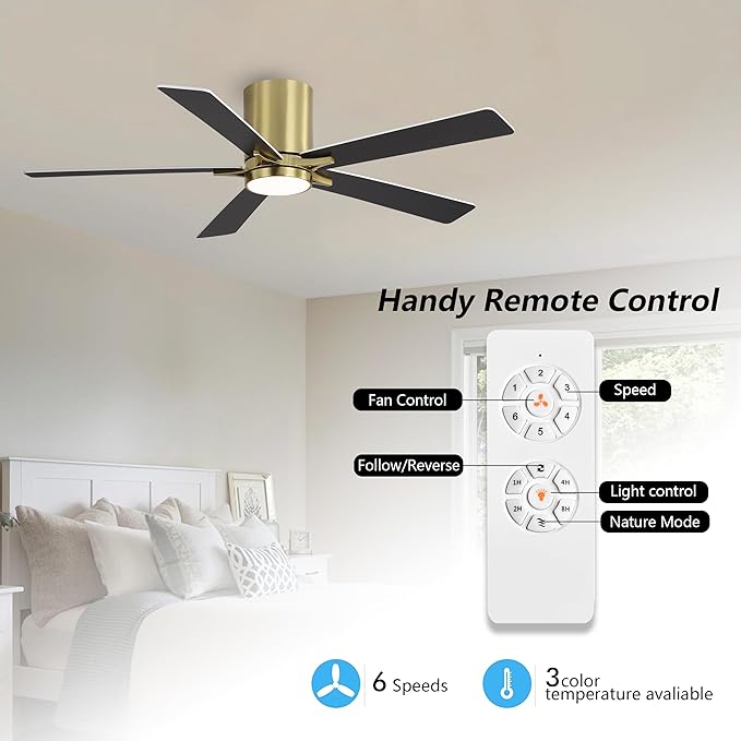WINGBO 48" DC Flush Mount Ceiling Fan with Lights, 6-Speed Reversible DC Motor, 3CCT, Low Profile Hugger Ceiling Fan for Living Room Bedroom Kitchen, Brass Finish and Black/White Blades