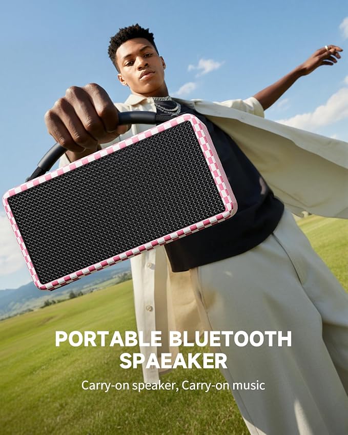 DINDIN Portable Bluetooth Speaker： 80W (Peak), 20H Playtime, Wireless Big Wood Boombox with Deep Bass, Subwoofer, TWS, Large, Loud Speaker for Party, Outdoor, Backyard, Beach, Home,Gift（Pink+White）