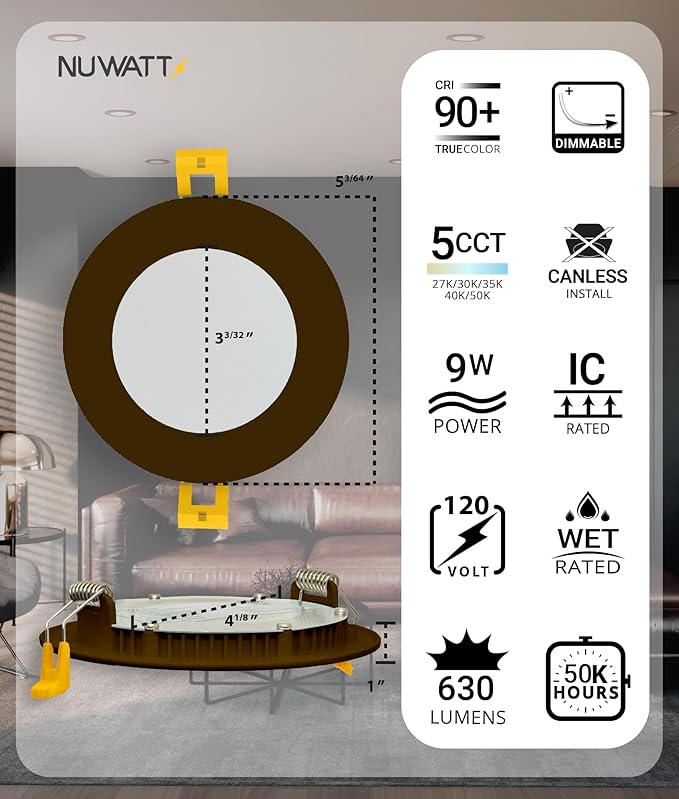 NUWATT 6 Pack 4 Inch Ultra-Thin Bronze LED Recessed Lighting, 5CCT 2700K/3000K/3500K/4000K/5000K Selectable, 630 Lumens, IC Rated, Dimmable Canless Wafer Light, Slim Panel Light, Metal J-Box, ETL