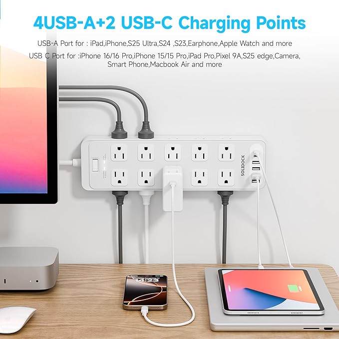 Solidock Power Strip Surge Protector Flat Plug with 20 AC Outlets 6 USB Chagring Ports, 1875W/15A, 2700J, 10 Ft Heavy Duty Extension Cord for Home, Office, Dorm, Gaming,ETL Listed (White, 10FT)