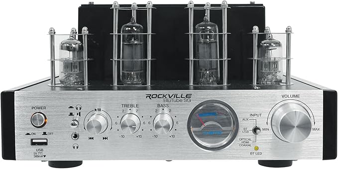 Rockville BluTube SG 70W Home Theater Tube Amplifier Stereo Receiver, Bluetooth, USB/RCA/Optical/Coaxial Inputs, 35W x 2 RMS @ 4 Ohm, for Music and Movies