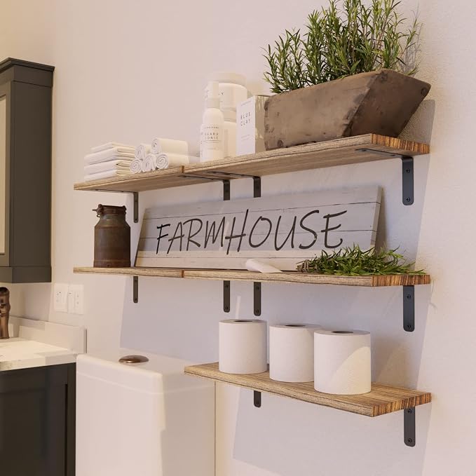 RICHER HOUSE Rustic Wood Floating Shelves Set of 5, Wall Mounted Shelf 16in | - Image 2