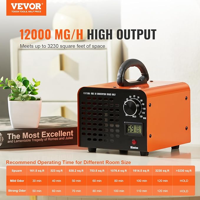 VEVOR Ozone Generator, 12000mg/h Ozone Machine, High Capacity Commercial/Industrial Ozone Generator Machine with 0-120 min Time Setting for Rooms, Cars