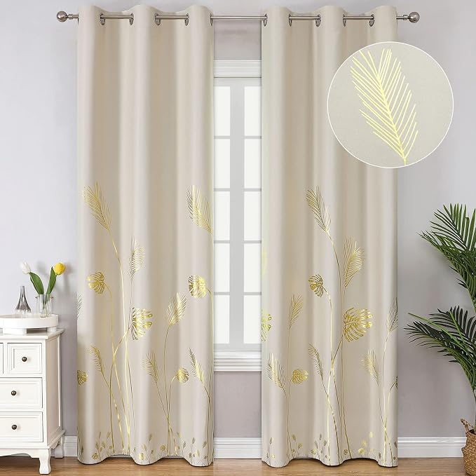 Elegant Palm Tree Leaf and Wheat Pattern Blackout Curtains Foil Print Room by ESTELARTEXTILER