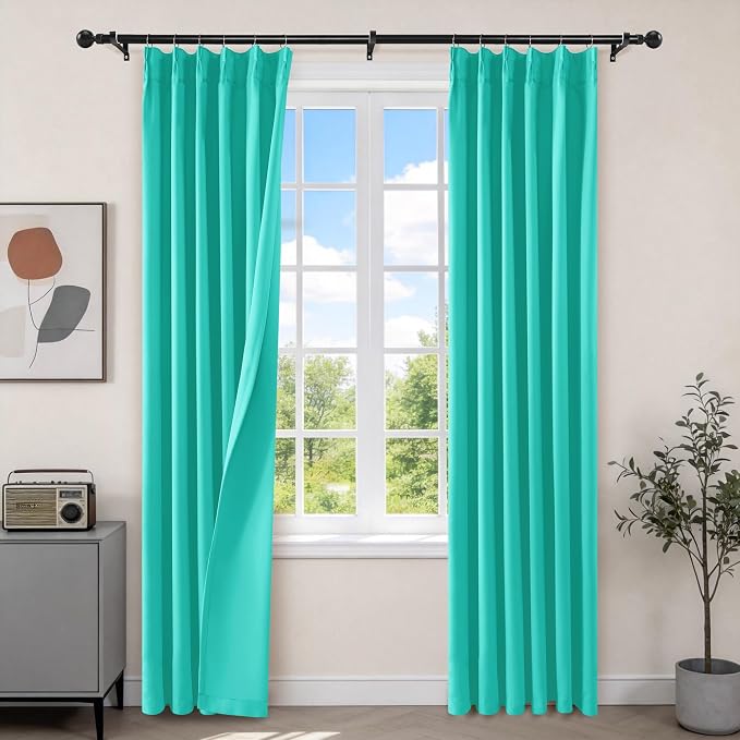 Etherealveil Turquoise Green Pinch Pleated Blackout Curtains 2P 40"x84" | Back by Etherealveil