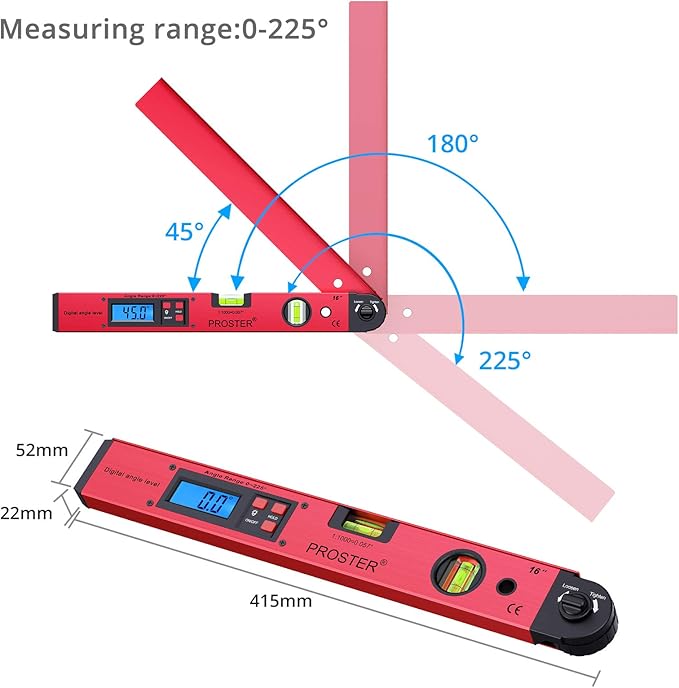 Proster Digital Angle Finder Gauge - 0~225° Angle Gauge LCD Digital Protractor Spirit Level Meter for Carpenter Woodworking Home Decoration
