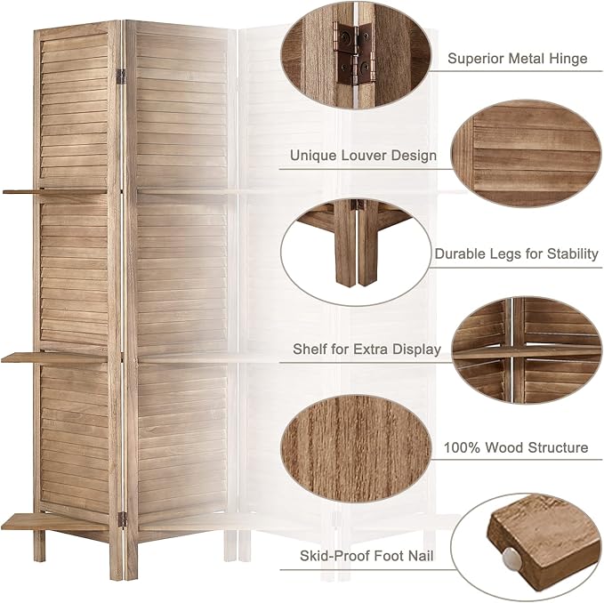 Room Divider with Shelves, 5 Panel Brown Privacy Screen | Partition Room - Image 3