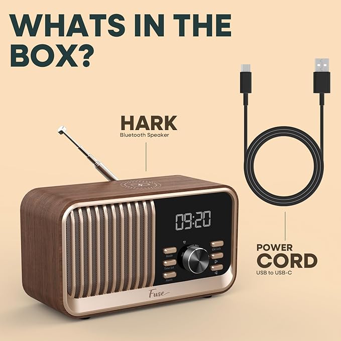 Fuse Hark Bluetooth Radio Speaker | Wireless 10W Charger | FM Radio Speaker with Bluetooth & AUX Input | Alarm Clock | 3 Level Dimmer | Charging Block Included