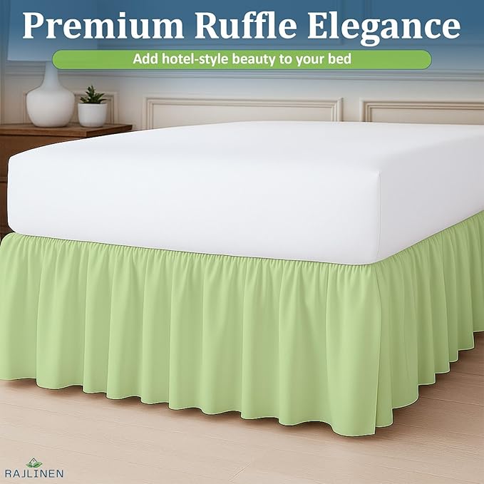 Rajlinen Ruffled Bed Skirt Full XL, 15 Inch Drop Dust Ruffle with Split Corners, 100% Microfiber Bedskirt with Platform, Three-Sided Coverage Ruffled Gathering Design, Sage