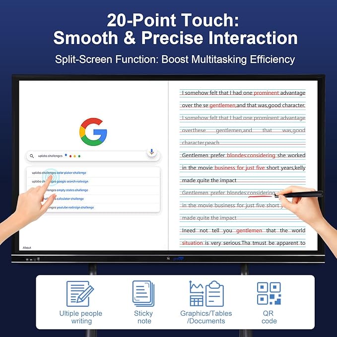 86" 4K Educational Smart Board Pro | Interactive Digital Whiteboard for Classrooms, Lecture Halls & STEM Labs | Android 12 Multi-Device Learning Hub with Live Annotation Tools (Board Only)