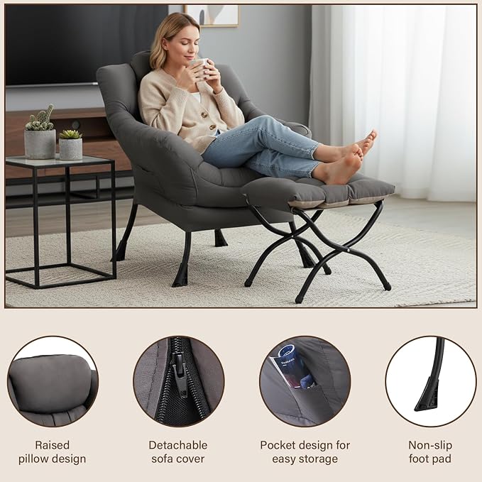 Welnow Lazy Chair with Ottoman, Reading Chair with Footrest, Dark Grey | A Side - Image 4