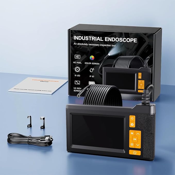 Dual Lens Endoscope Camera with Light, 4.3" Borescope with Photo/Video Function & Free(Built in 32GB Card), 16.4FT Semi-Rigid Snake Cable with IP67 Waterproof for Pipe, Engine & HVAC Inspection