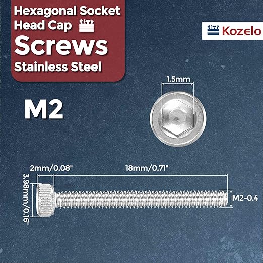 Kozelo 100pcs Socket Head Cap Screws - [M2-0.4 x 18mm] 304 Stainless Steel Allen Socket Drive for Electrical Motor 3D Printing Fan Engine Replacement Use, Silver