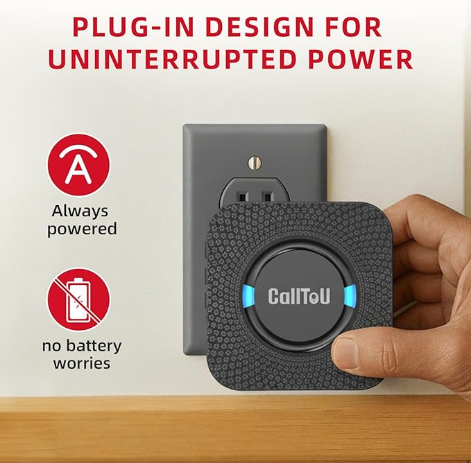 CallToU Caregiver Pager Wireless Call Bell Alert Button for Seniors/Elderly/Patients 1 Plugin Receiver 1 Waterproof Transmitter