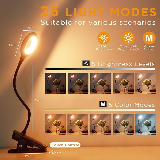 Akynite Clip on Light LED Desk Lamp 5 Brightness+5 Colors Rechargeable Lamp | - Image 2