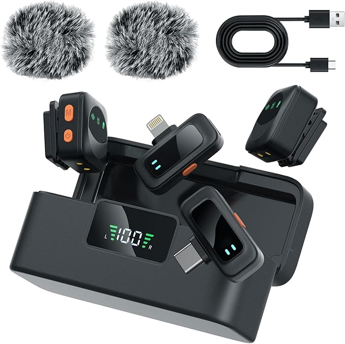 LIZHUZHONG Ai Mini Mic Wireless Lavalier Microphone System (2TX+2RX+Case), Magnetic & Clip-On Microphone for iPhone, Android, Vlogging, Studio-Quality Sound, 48H Battery, Ai Noise Cancelling