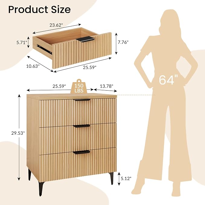 25.6" W Fluted Nightstand with 3 Drawer Dresser, Modern Wood Night Stands | - Image 2