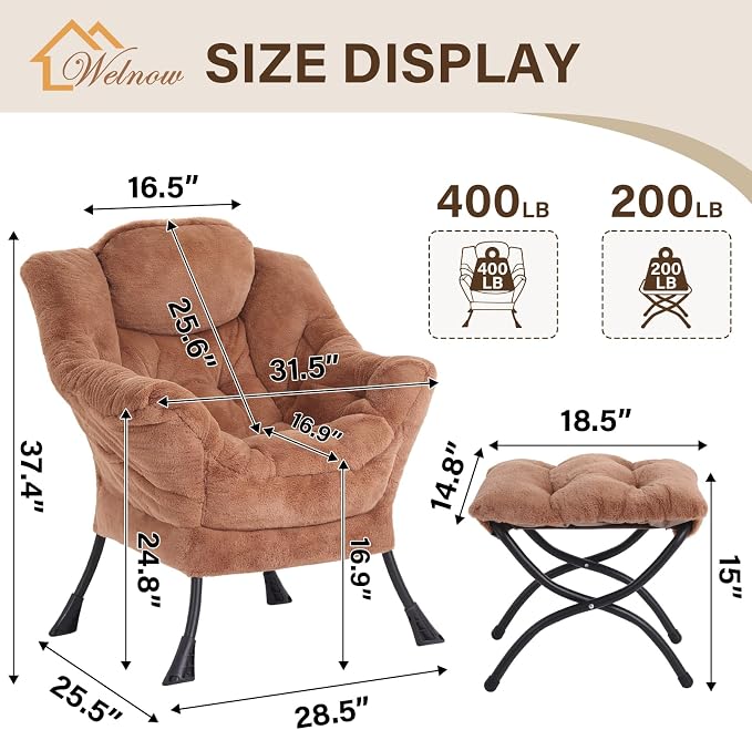 Welnow Lazy Chair with Ottoman, Reading Chair with Footrest, Plush Brown | A - Image 3