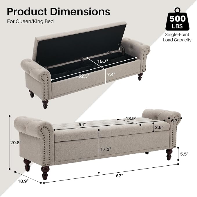 SOFTHION 67" Storage Bench for Bedroom, Linen Upholstered, Light Brown | King - Image 2