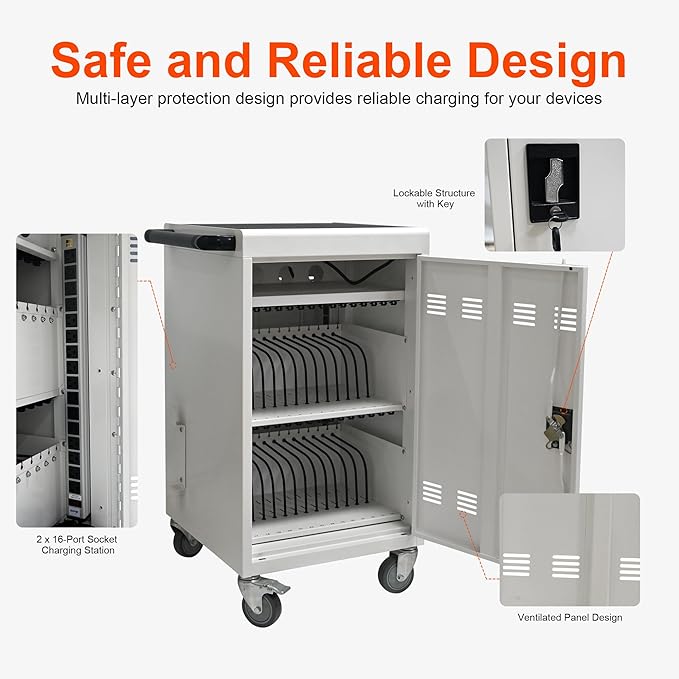 Aokleo Laptop Charging Cart,32 Devices Tablet Storage Carts for Pad Up to 16.3" Screen Size, Classroom Computer Mobile Charging Station for Pads,Chromebooks,Laptops,Security Storage (30+2 Bay-White)