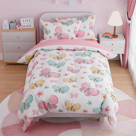 SANDJEST Butterfly Full Bedding Sets for Girls, Ultra Soft Microfiber Comforter Set with 4-Pieces, Bed Sets for Kid Tween Teen Bedroom Decor