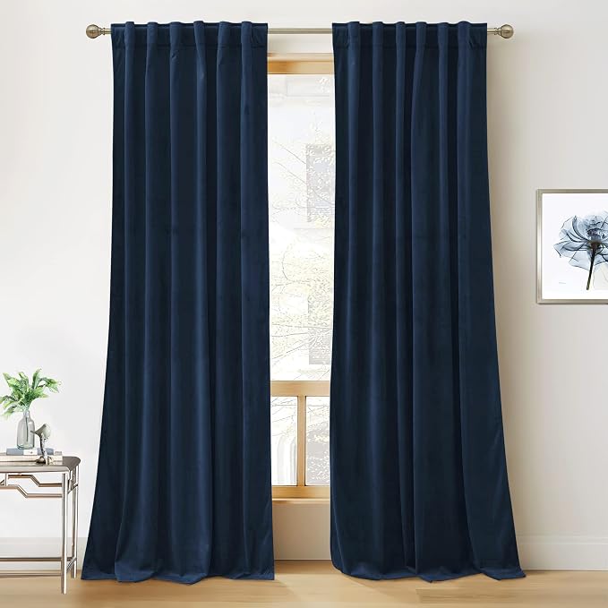 RYB HOME Navy Blue Velvet Blackout Curtains 94 inches Bedroom Living Room | by RYBHOME