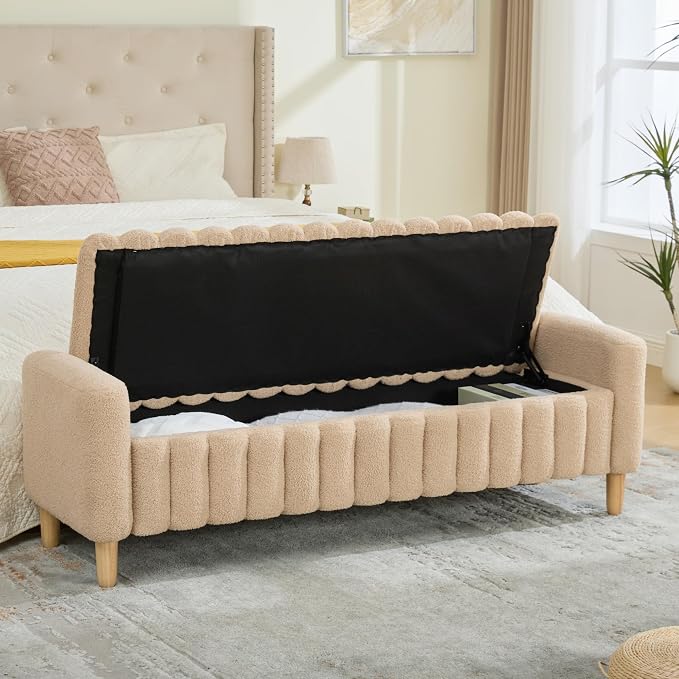 63.4" Cute Teddy Fabric Ribbed King Size End of Bed Bench. | Entryway Ottoman - Image 6