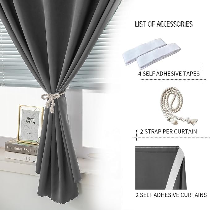 Thermal Blackout Curtains with Self-Adhesive Tape, No Rod No Drill Easy Install - Image 2