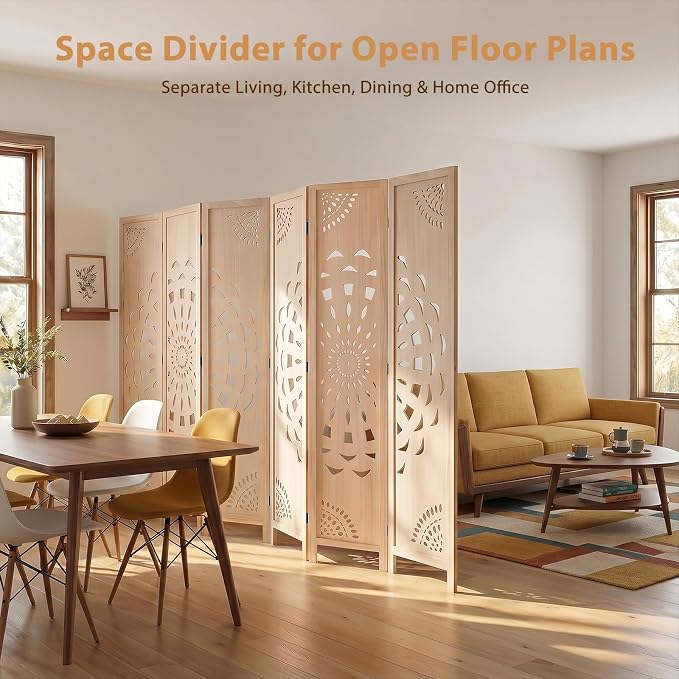 6 Panel Room dividers, 66.9" Boho Double-Sided Carved Screen, Natural | - Image 3