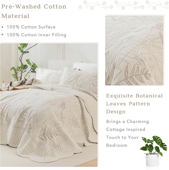 CozyTide Oversized King Quilt 128"x120", Wheat Leaves Pattern Pre-Washed Cotton - Image 3
